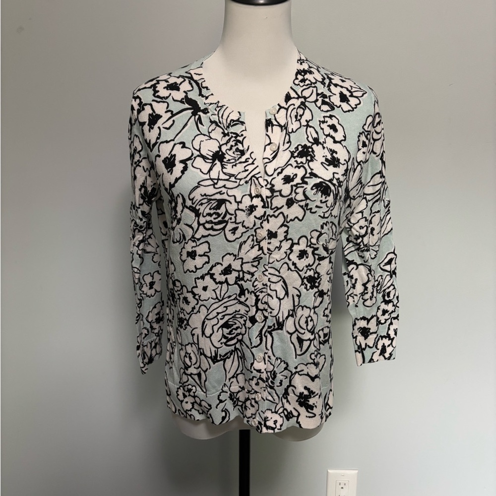 LOFT Black and White Fitted Cardigan Floral 3/4 sleeve size M